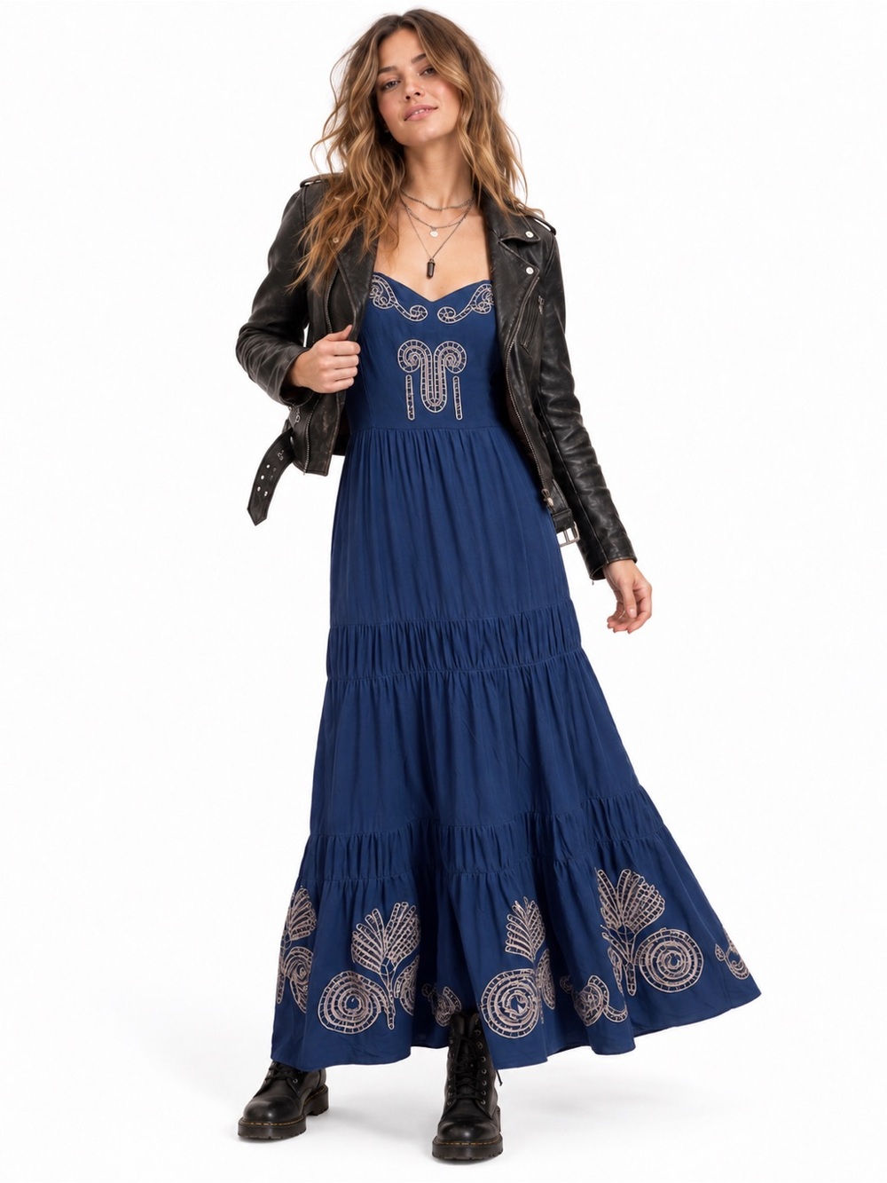 Solitaire Boho Embroidered Linen Blend Midi Dress Pockets Size M